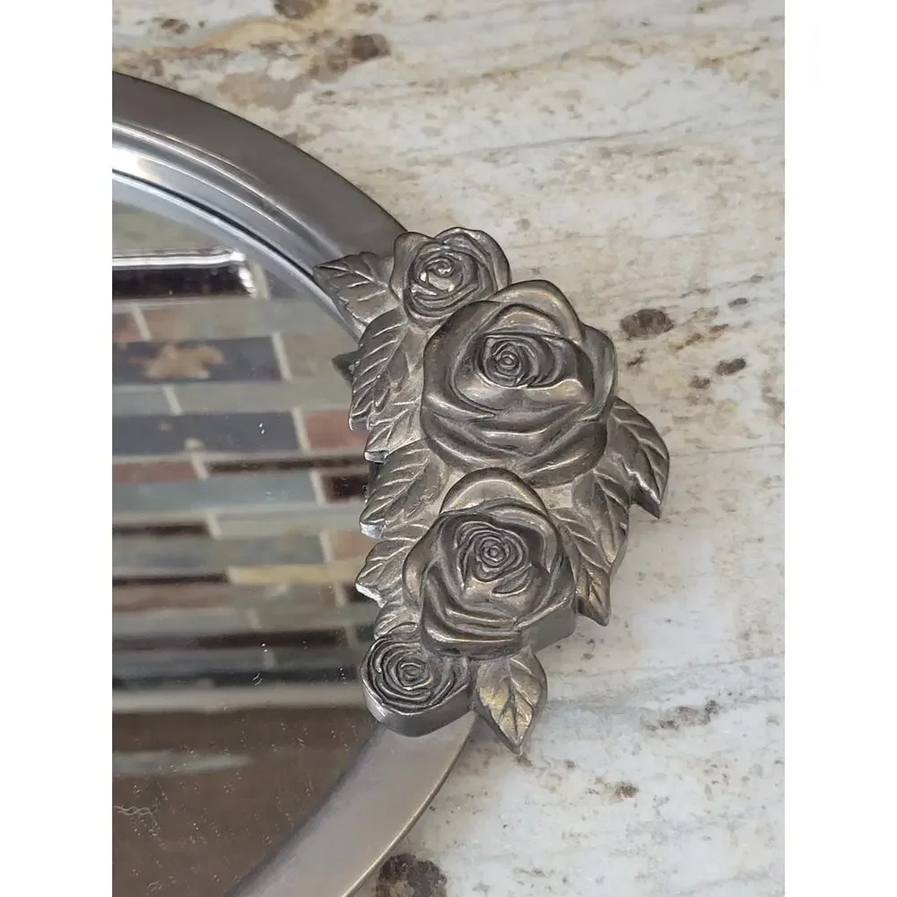 Vintage Godinger Silver Plated Mirrored Vanity Tray Rose Handles Oval 14